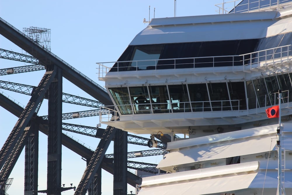 Carnival Splendor exterior of bridge close up with Sydney Harbour Bridge in the background
