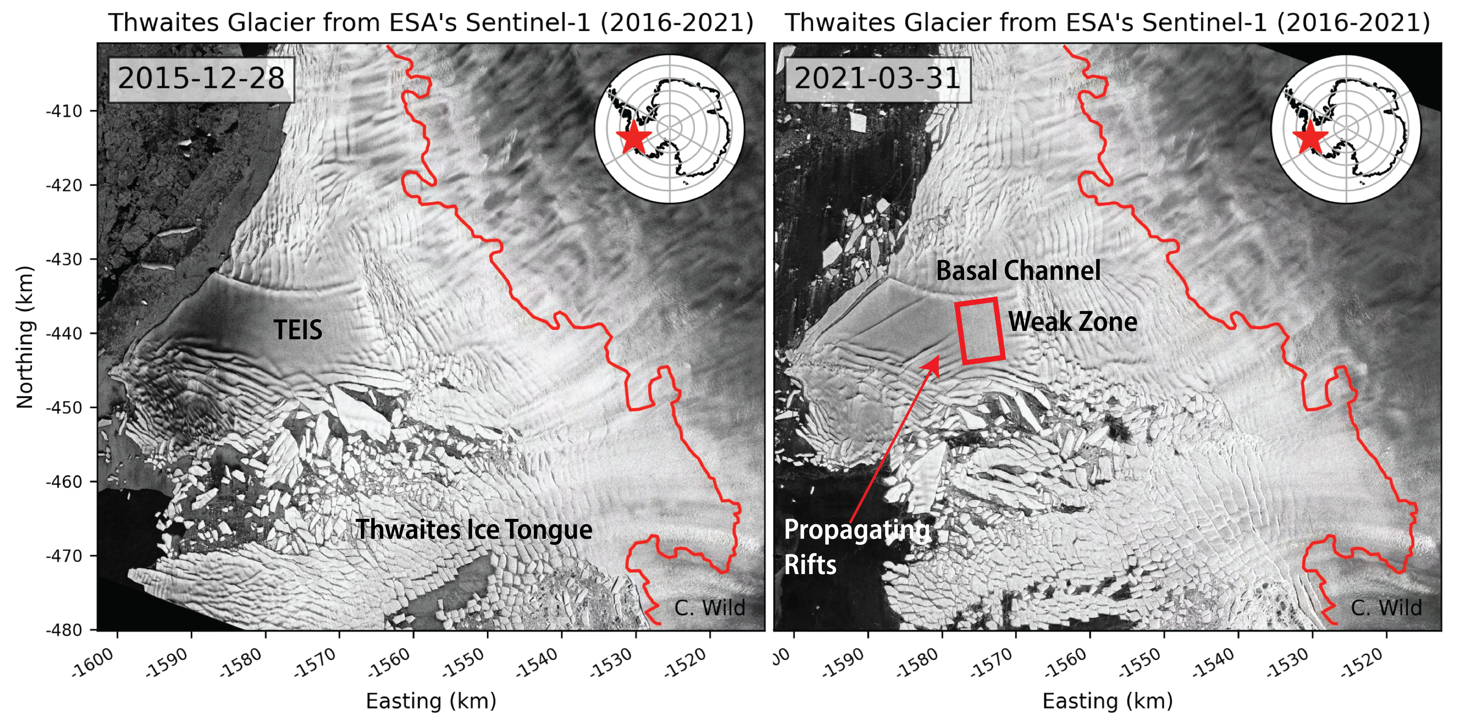 Satellite images of rifting in the Thwaites Glacier Eastern Ice Shelf
