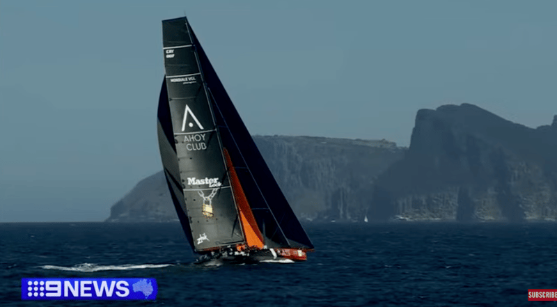 Master Lock Comanche racing yacht in the 2025 Sydney to Hobart yacht race. Image from 9News Youtube.